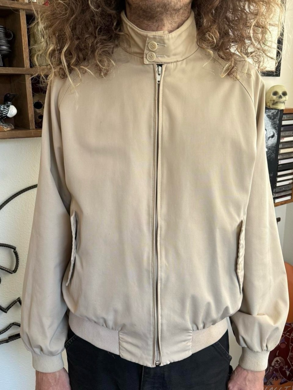 Vintage 80s Tan Minimalist Harrington Jacket with Plaid Lining ~ Size Large